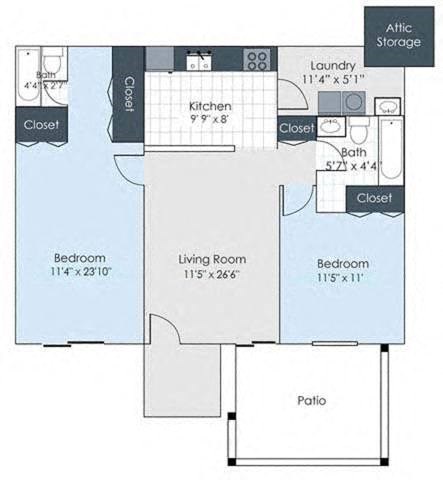 Floor plan for 2 beds, 2 baths, 864 sqft